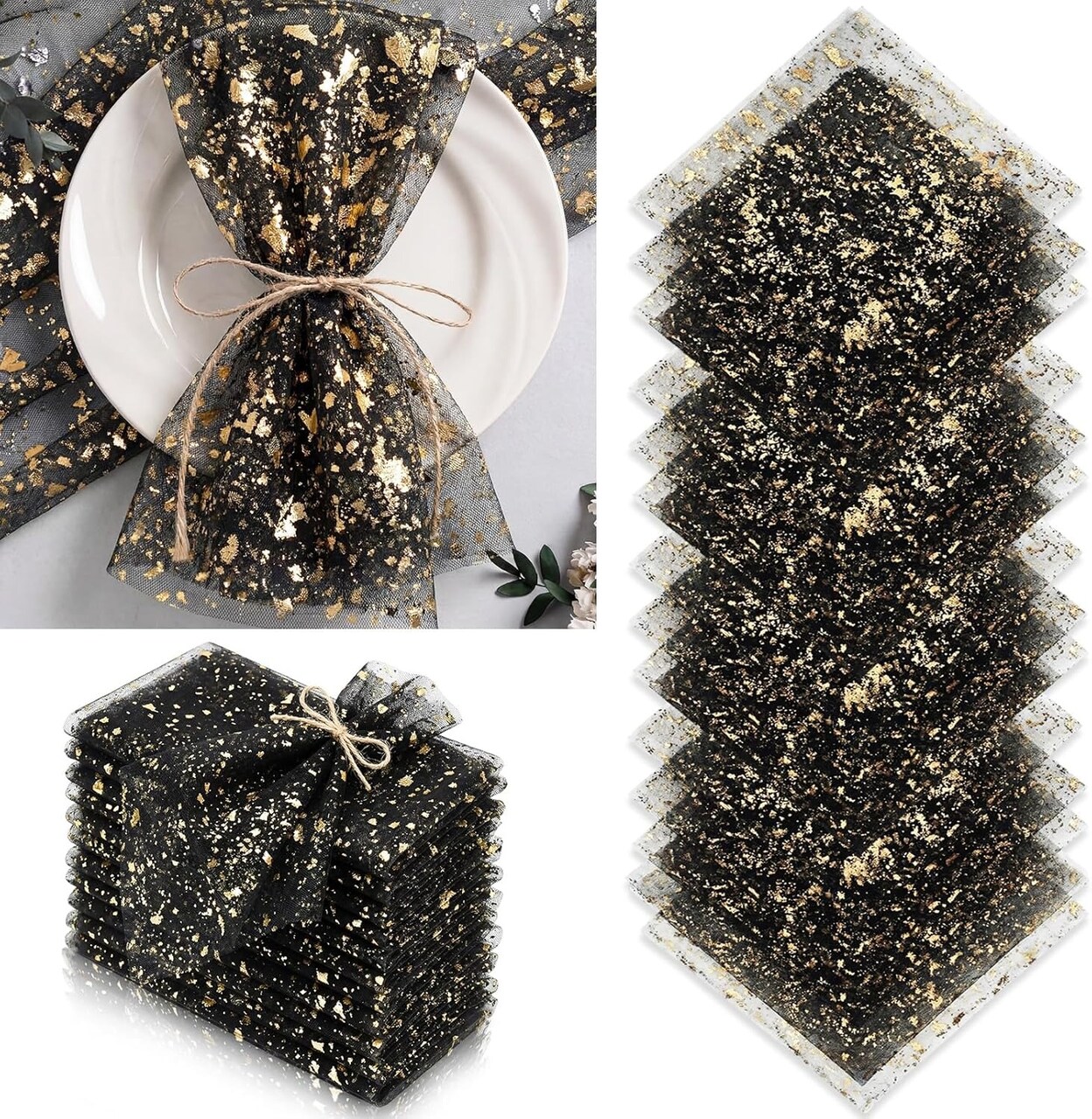 25 Pack Gauze Chiffon Napkins with Gold Foil – 20×20 Inch Sheer Metallic Table Napkins for Wedding, Bridal Shower & Party Decor